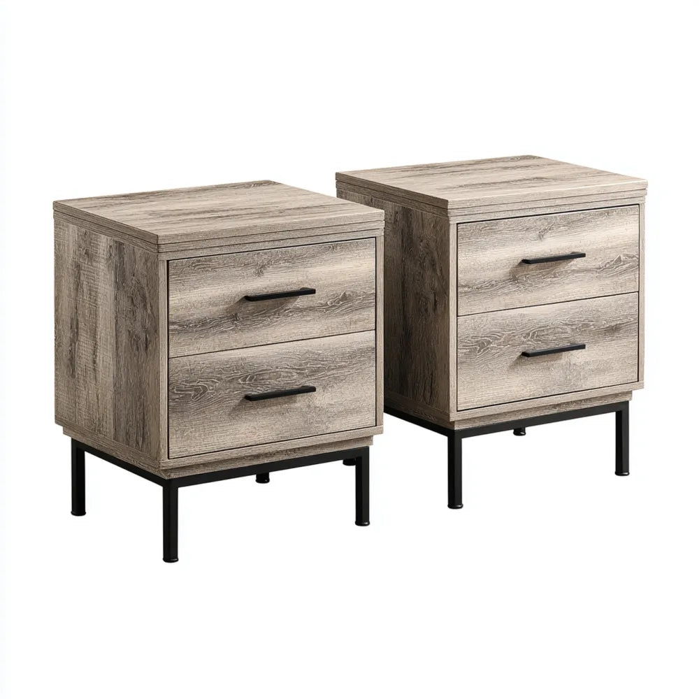 Bedside Tables 40x40x55 cm - Light Oak - Industrial Style with 2 Drawers