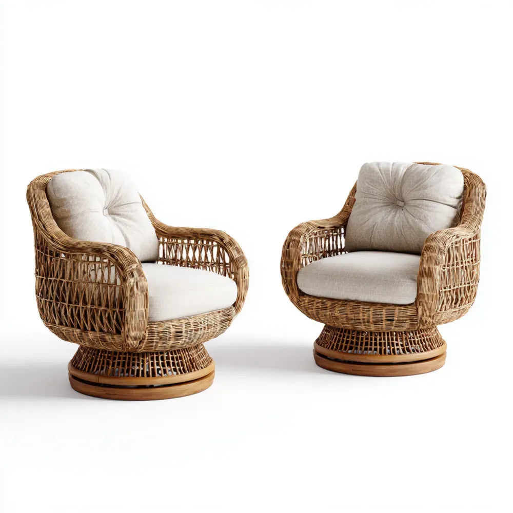 Patio Lounge Chair Set ¨C Rattan Wicker 65cm x 70cm x 80cm ¨C Beige Cushions ¨C Swivel Design